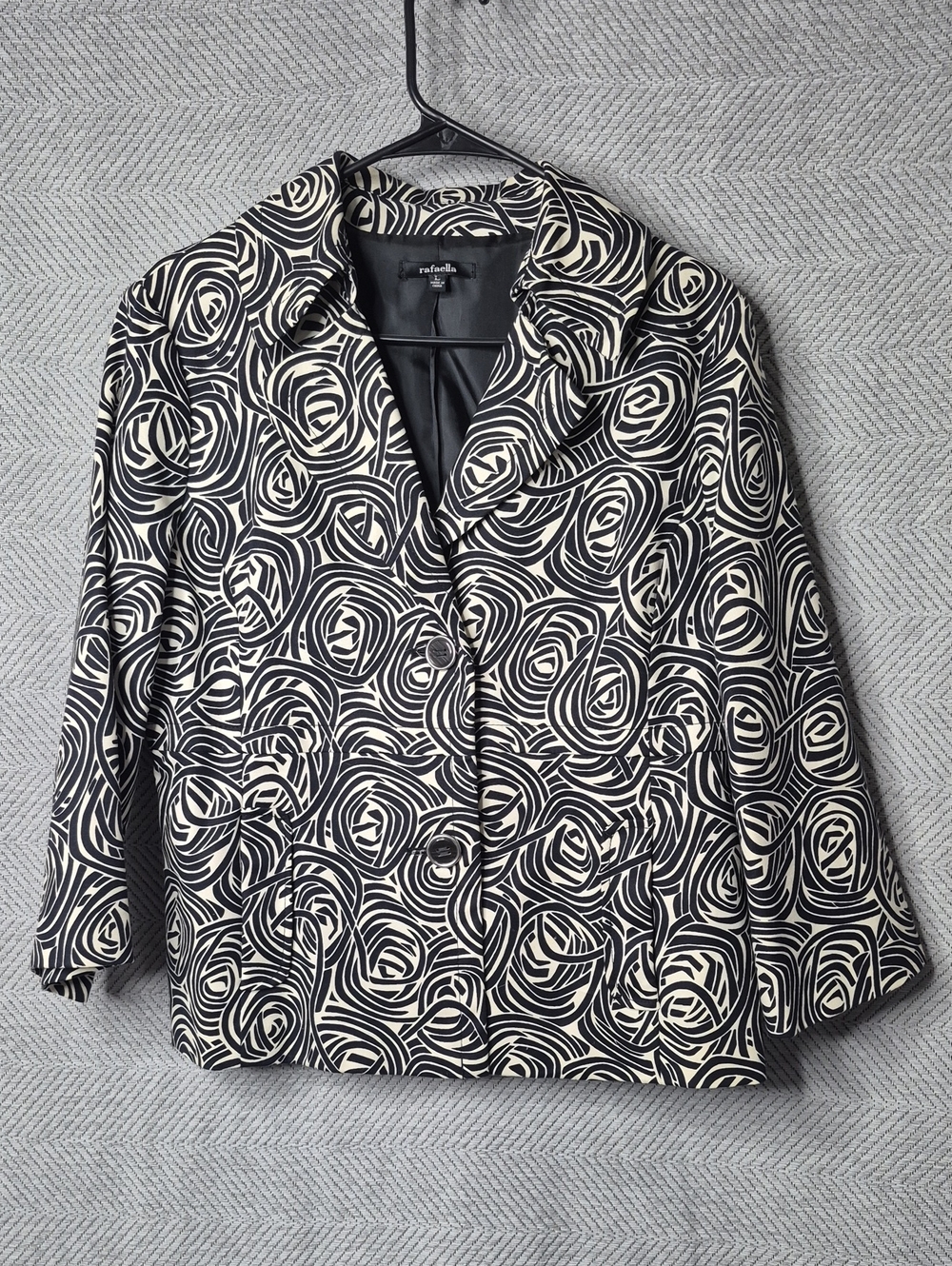 EUC Rafaella Black Cream Rose Swirl Print Blazer 3/4 Sleeve Size L